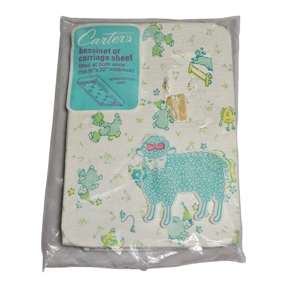 Vtg Carters Fitted Bassinet Carriage Sheet Blue Animals Nursery 16"x32"